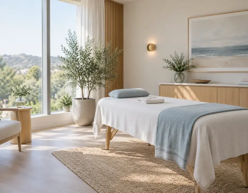 Sala terapêutica minimalista, clara e iluminada por luz natural